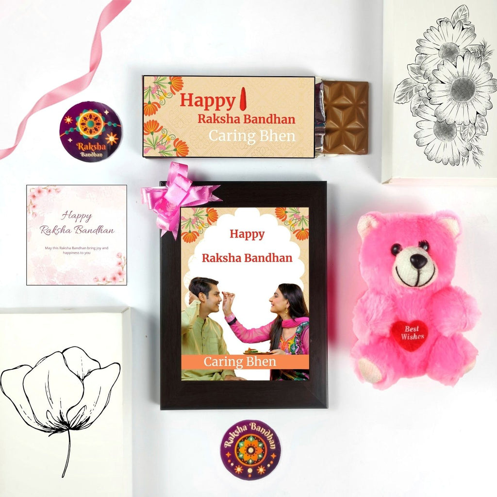Unique Customised Rakhi Gift For Sister Kids, Raksha Bandhan Gift For Bhen With Caring Bhen Theme 35G Chocolate Bar, Personalised Photo Frame, Teddy And Greeting Card | Special Rakshabandhan Combo For Sister