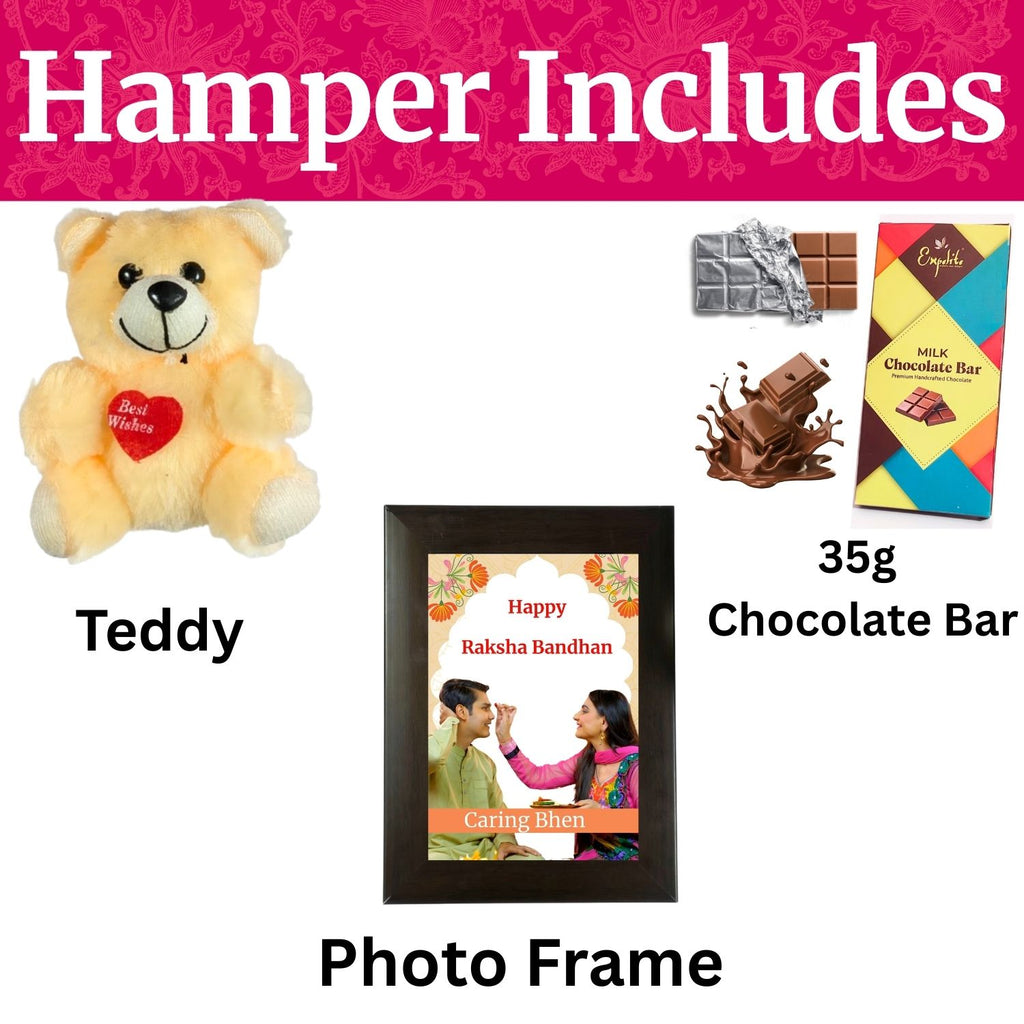 Unique Customised Rakhi Gift For Sister Kids, Raksha Bandhan Gift For Bhen With Caring Bhen Theme 35G Chocolate Bar, Personalised Photo Frame, Teddy And Greeting Card | Special Rakshabandhan Combo For Sister