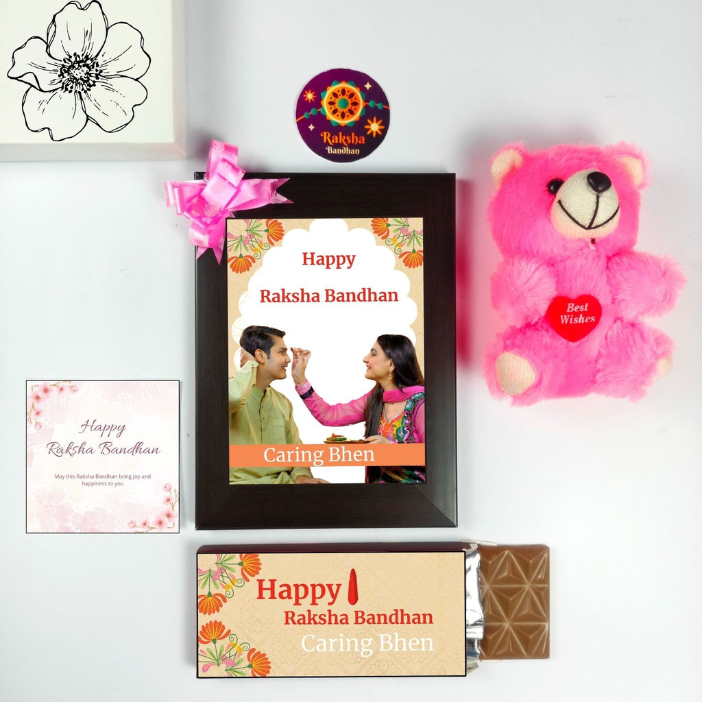 Unique Customised Rakhi Gift For Sister Kids, Raksha Bandhan Gift For Bhen With Caring Bhen Theme 35G Chocolate Bar, Personalised Photo Frame, Teddy And Greeting Card | Special Rakshabandhan Combo For Sister