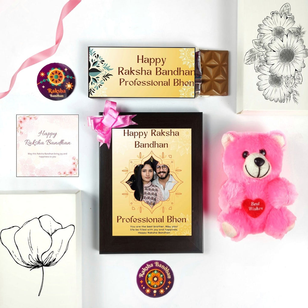 Unique Customised Raksha Bandhan Gift For Sister Kids, Rakshabandhan Gift For Bhen With Professional Bhen Theme 35G Chocolate Bar, Personalised Photo Frame, Teddy And Greeting Card | Unique Rakshabandhan Combo For Sister