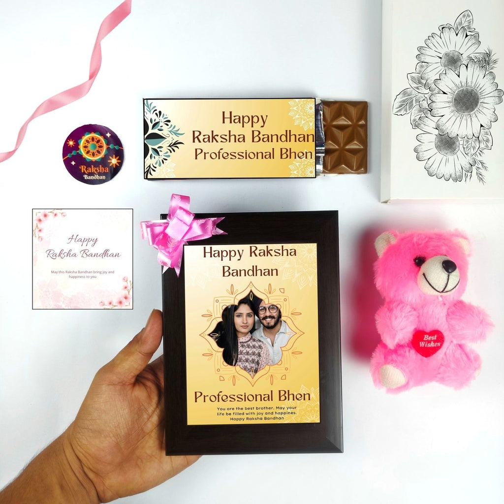 Unique Customised Raksha Bandhan Gift For Sister Kids, Rakshabandhan Gift For Bhen With Professional Bhen Theme 35G Chocolate Bar, Personalised Photo Frame, Teddy And Greeting Card | Unique Rakshabandhan Combo For Sister