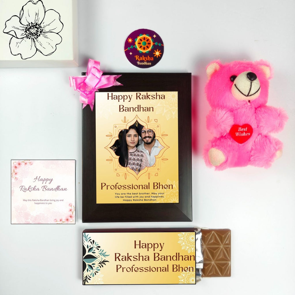 Unique Customised Raksha Bandhan Gift For Sister Kids, Rakshabandhan Gift For Bhen With Professional Bhen Theme 35G Chocolate Bar, Personalised Photo Frame, Teddy And Greeting Card | Unique Rakshabandhan Combo For Sister