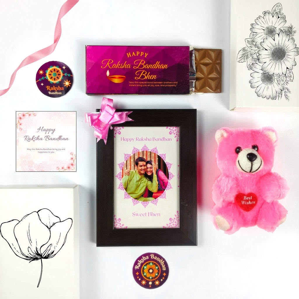 Special Customised Rakhi Gift For Sister Kids, Rakshabandhan Gift For Bhen With Sweet Bhen Theme 35G Chocolate Bar, Customized Photo Frame, Teddy And Greeting Card | Unique Rakshabandhan Combo For Sister