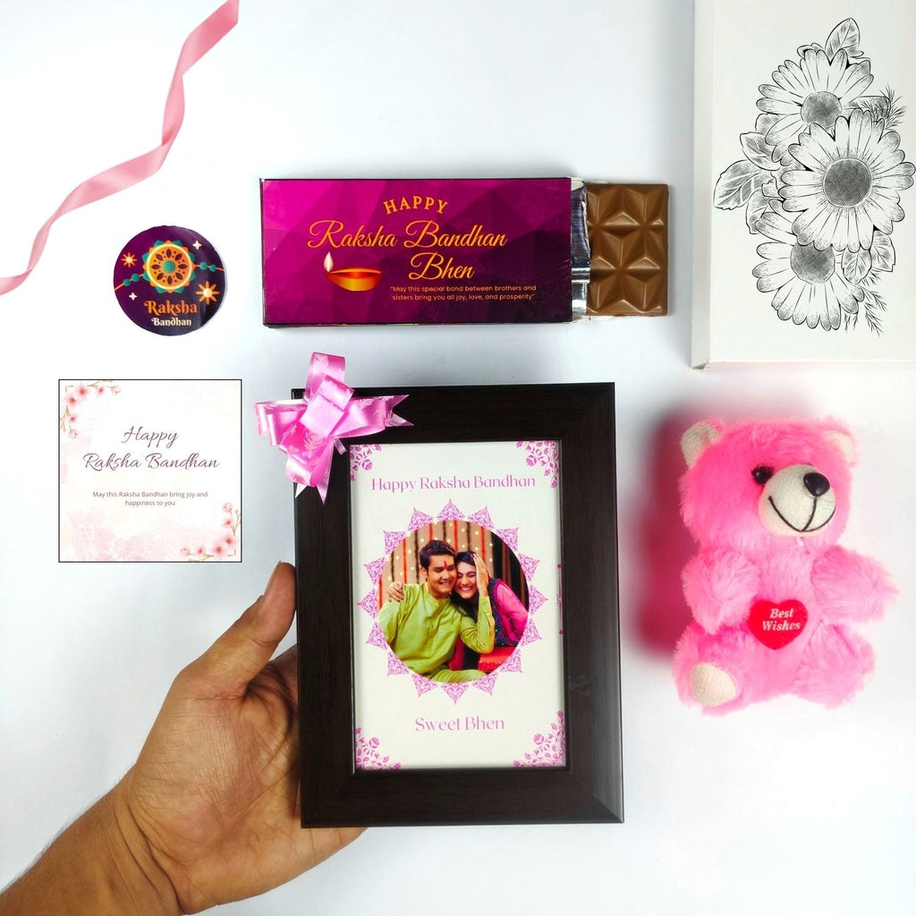 Special Customised Rakhi Gift For Sister Kids, Rakshabandhan Gift For Bhen With Sweet Bhen Theme 35G Chocolate Bar, Customized Photo Frame, Teddy And Greeting Card | Unique Rakshabandhan Combo For Sister