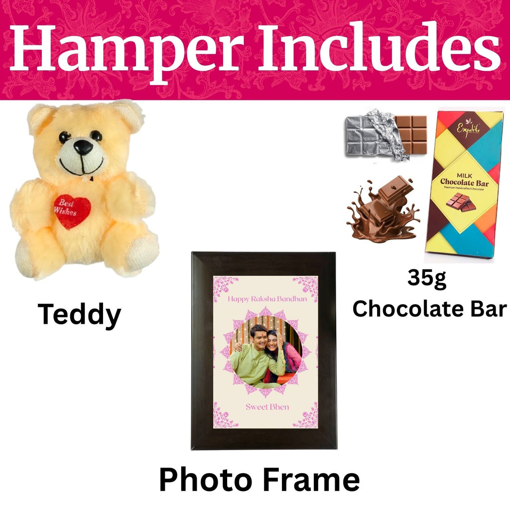 Special Customised Rakhi Gift For Sister Kids, Rakshabandhan Gift For Bhen With Sweet Bhen Theme 35G Chocolate Bar, Customized Photo Frame, Teddy And Greeting Card | Unique Rakshabandhan Combo For Sister