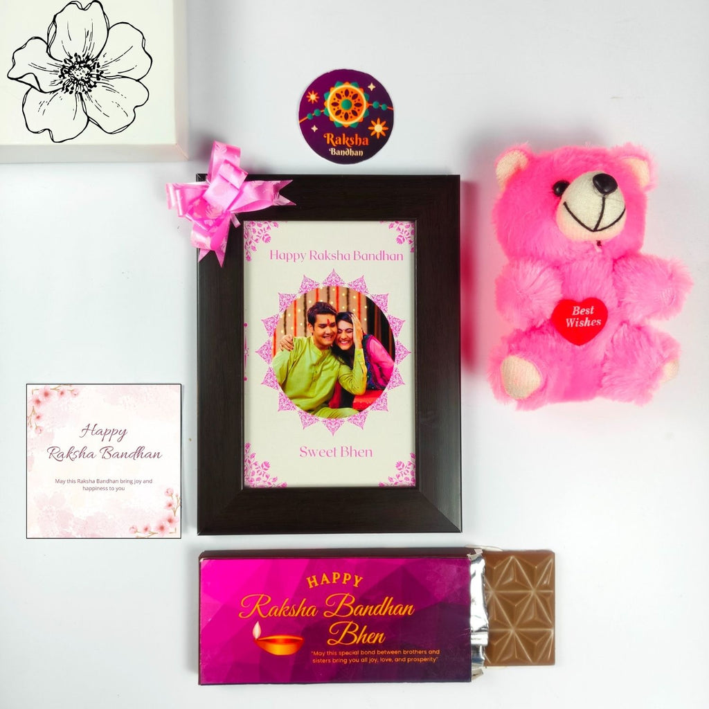Special Customised Rakhi Gift For Sister Kids, Rakshabandhan Gift For Bhen With Sweet Bhen Theme 35G Chocolate Bar, Customized Photo Frame, Teddy And Greeting Card | Unique Rakshabandhan Combo For Sister