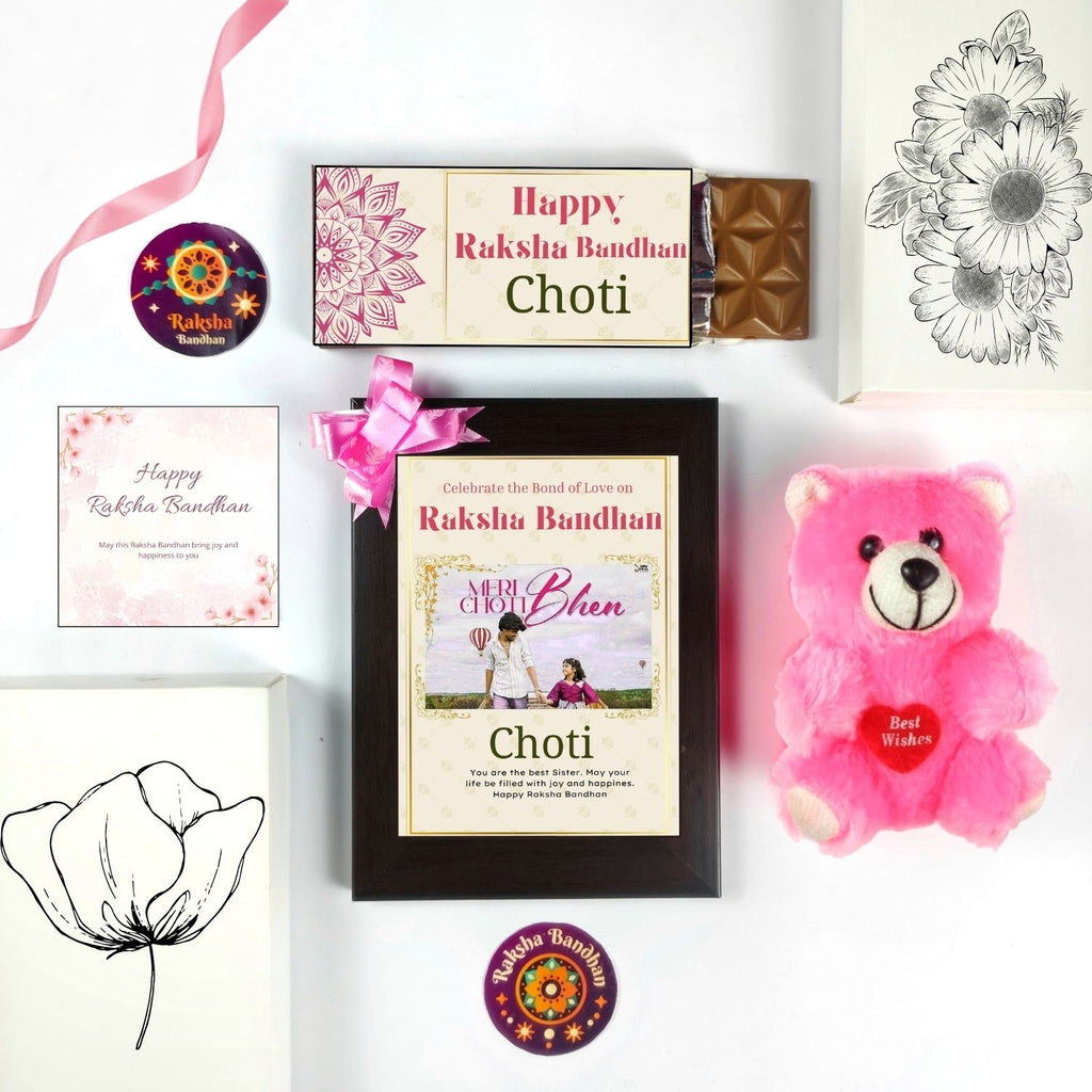 Special Customised Rakhi Gift For Sister Kids, Raksha Bandhan Gift For Bhen With Choti Theme 35G Chocolate Bar, Customized Photo Frame, Teddy And Greeting Card | Unique Rakshabandhan Combo For Sister