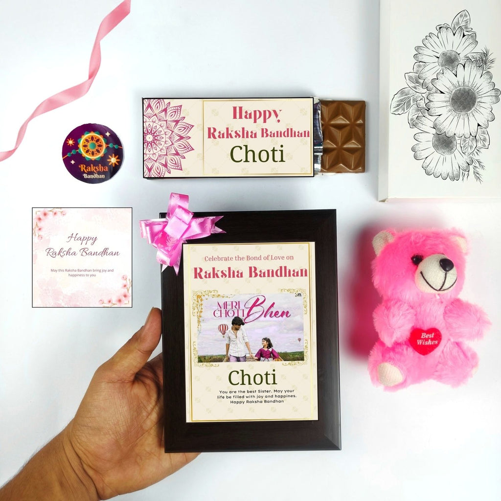 Special Customised Rakhi Gift For Sister Kids, Raksha Bandhan Gift For Bhen With Choti Theme 35G Chocolate Bar, Customized Photo Frame, Teddy And Greeting Card | Unique Rakshabandhan Combo For Sister