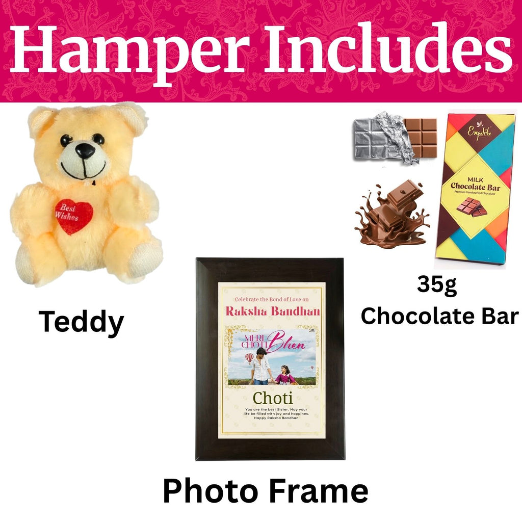 Special Customised Rakhi Gift For Sister Kids, Raksha Bandhan Gift For Bhen With Choti Theme 35G Chocolate Bar, Customized Photo Frame, Teddy And Greeting Card | Unique Rakshabandhan Combo For Sister