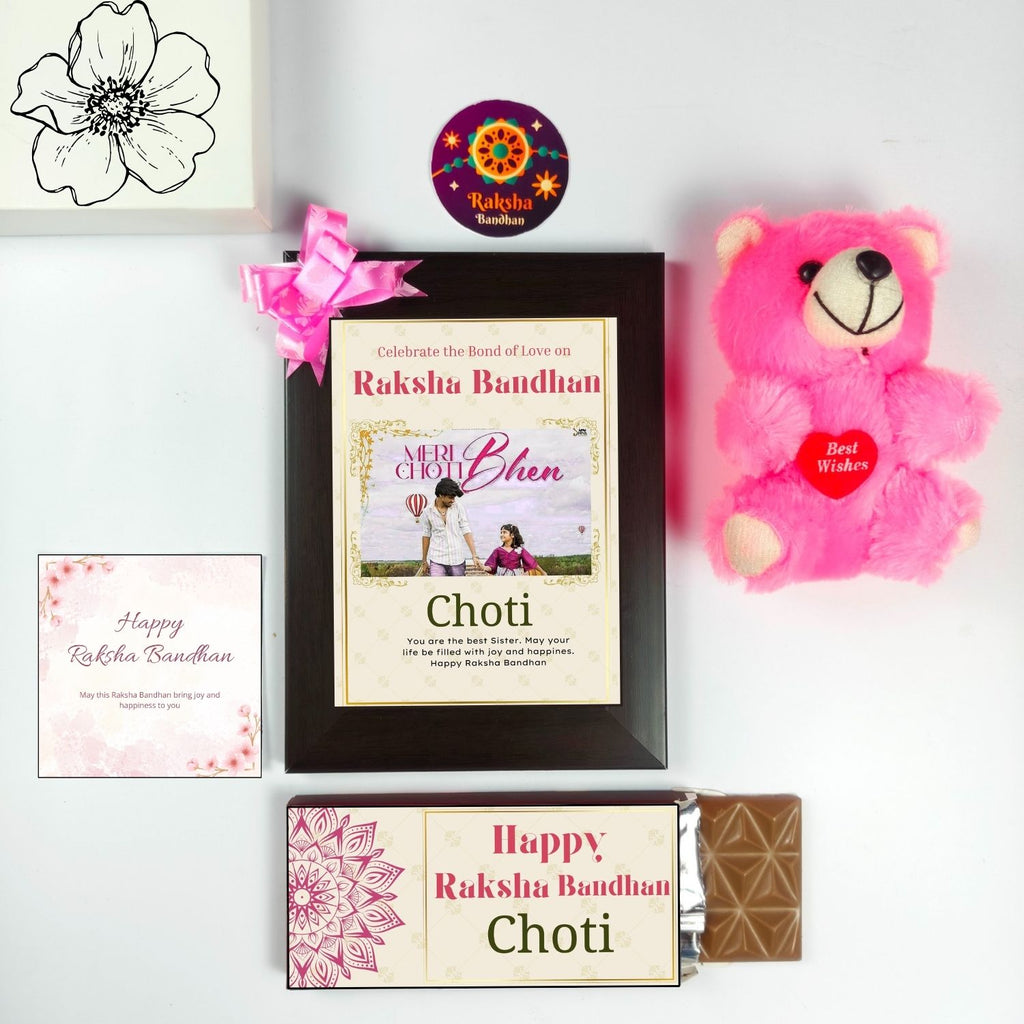 Special Customised Rakhi Gift For Sister Kids, Raksha Bandhan Gift For Bhen With Choti Theme 35G Chocolate Bar, Customized Photo Frame, Teddy And Greeting Card | Unique Rakshabandhan Combo For Sister