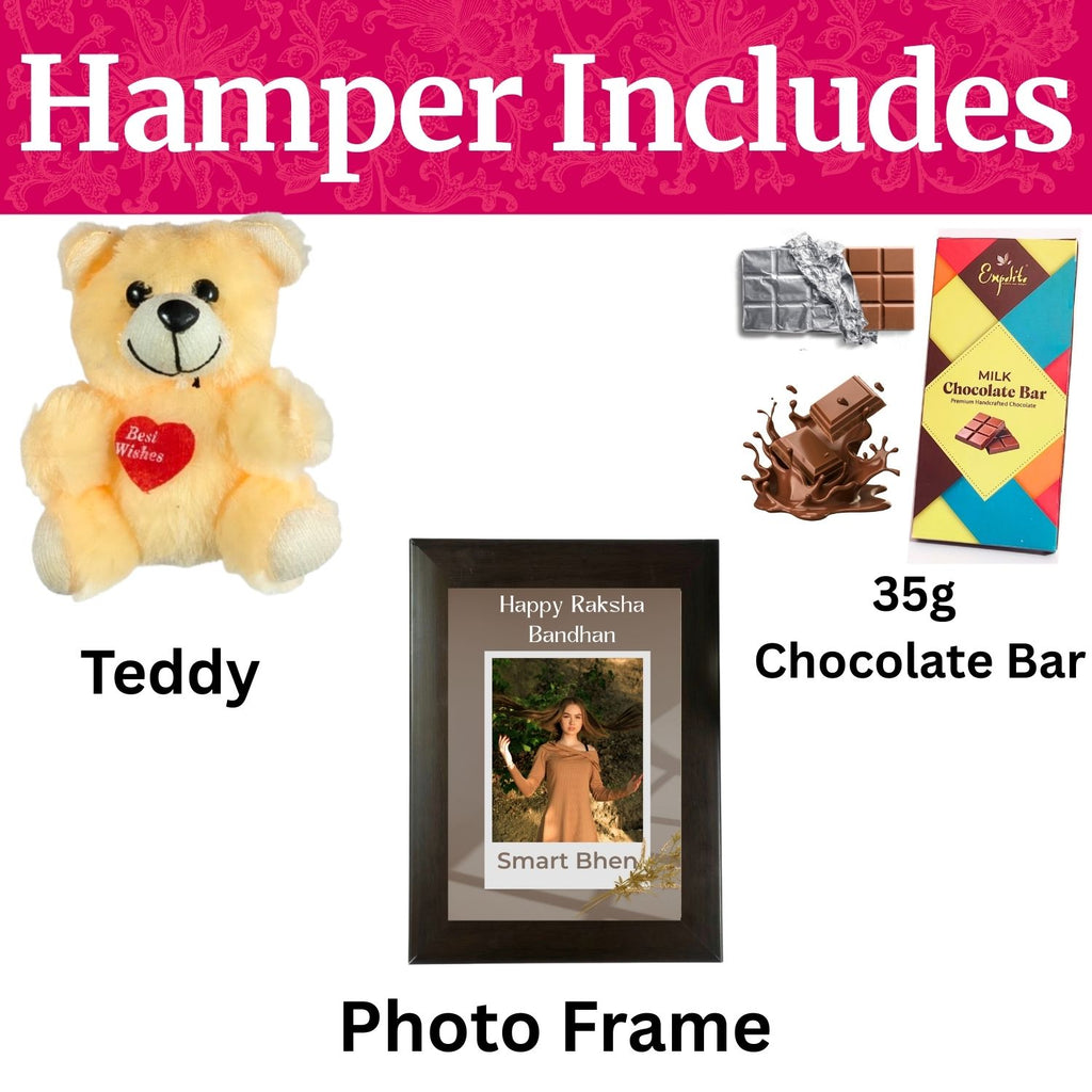 Special Customised Rakshabandhan Gift For Sister Kids, Rakhi Gift For Bhen With Smart Bhen Theme 35G Chocolate Bar, Customized Photo Frame, Teddy And Greeting Card | Unique Rakshabandhan Combo For Sister