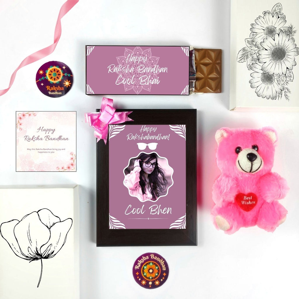 Special Customised Rakhi Gift For Sister Kids, Rakshabandhan Gift For Bhen With Cool Bhen Theme 35G Chocolate Bar, Customized Photo Frame, Teddy And Greeting Card | Unique Rakshabandhan Combo For Sister