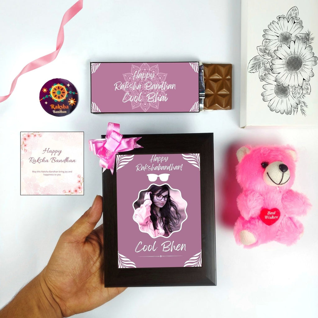 Special Customised Rakhi Gift For Sister Kids, Rakshabandhan Gift For Bhen With Cool Bhen Theme 35G Chocolate Bar, Customized Photo Frame, Teddy And Greeting Card | Unique Rakshabandhan Combo For Sister