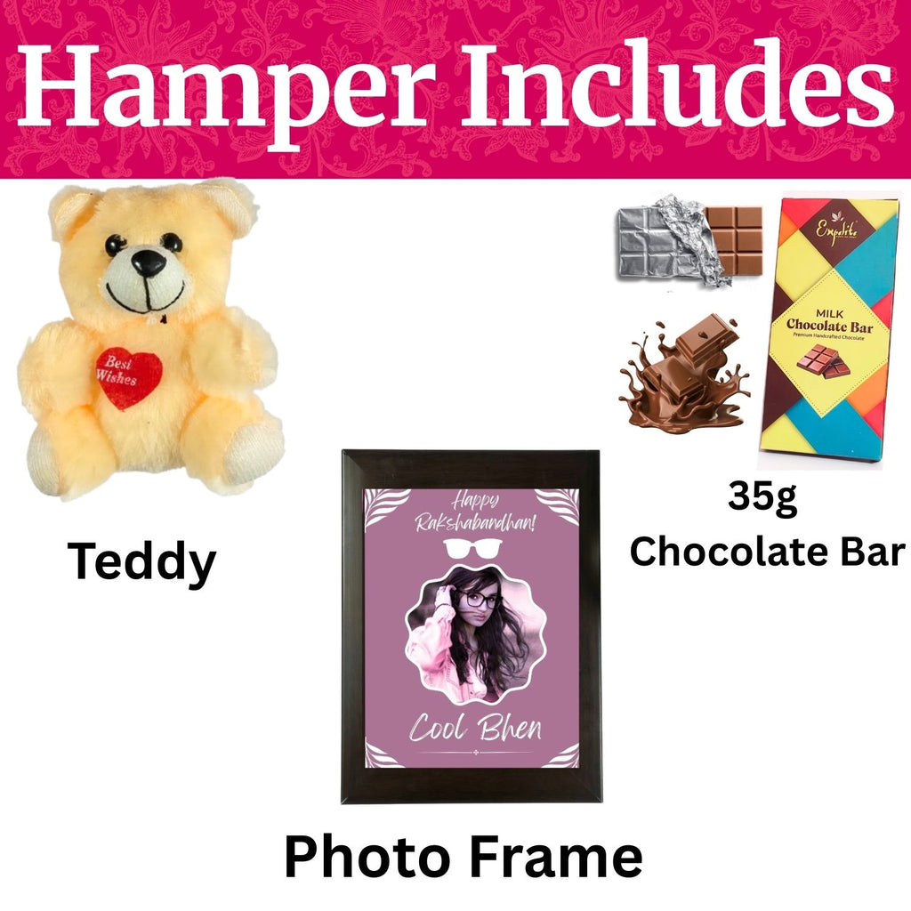 Special Customised Rakhi Gift For Sister Kids, Rakshabandhan Gift For Bhen With Cool Bhen Theme 35G Chocolate Bar, Customized Photo Frame, Teddy And Greeting Card | Unique Rakshabandhan Combo For Sister
