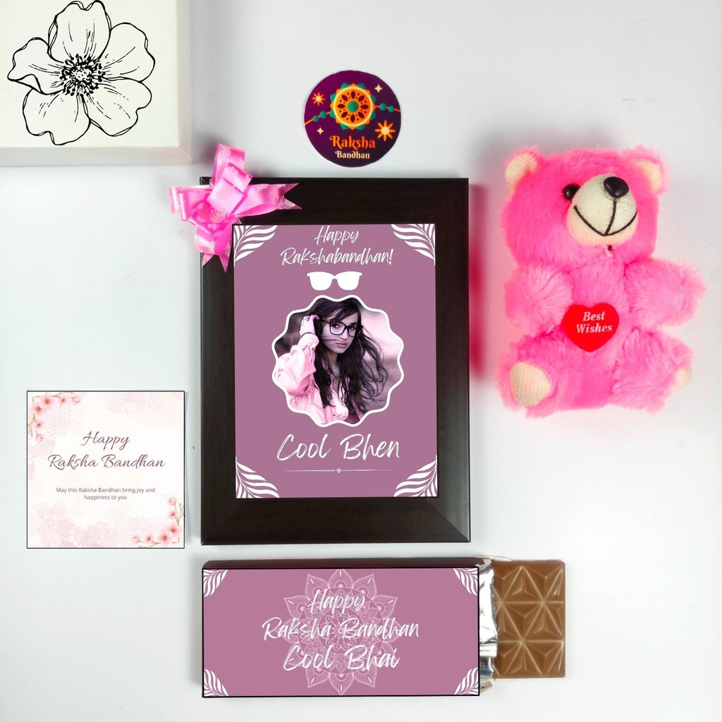 Special Customised Rakhi Gift For Sister Kids, Rakshabandhan Gift For Bhen With Cool Bhen Theme 35G Chocolate Bar, Customized Photo Frame, Teddy And Greeting Card | Unique Rakshabandhan Combo For Sister