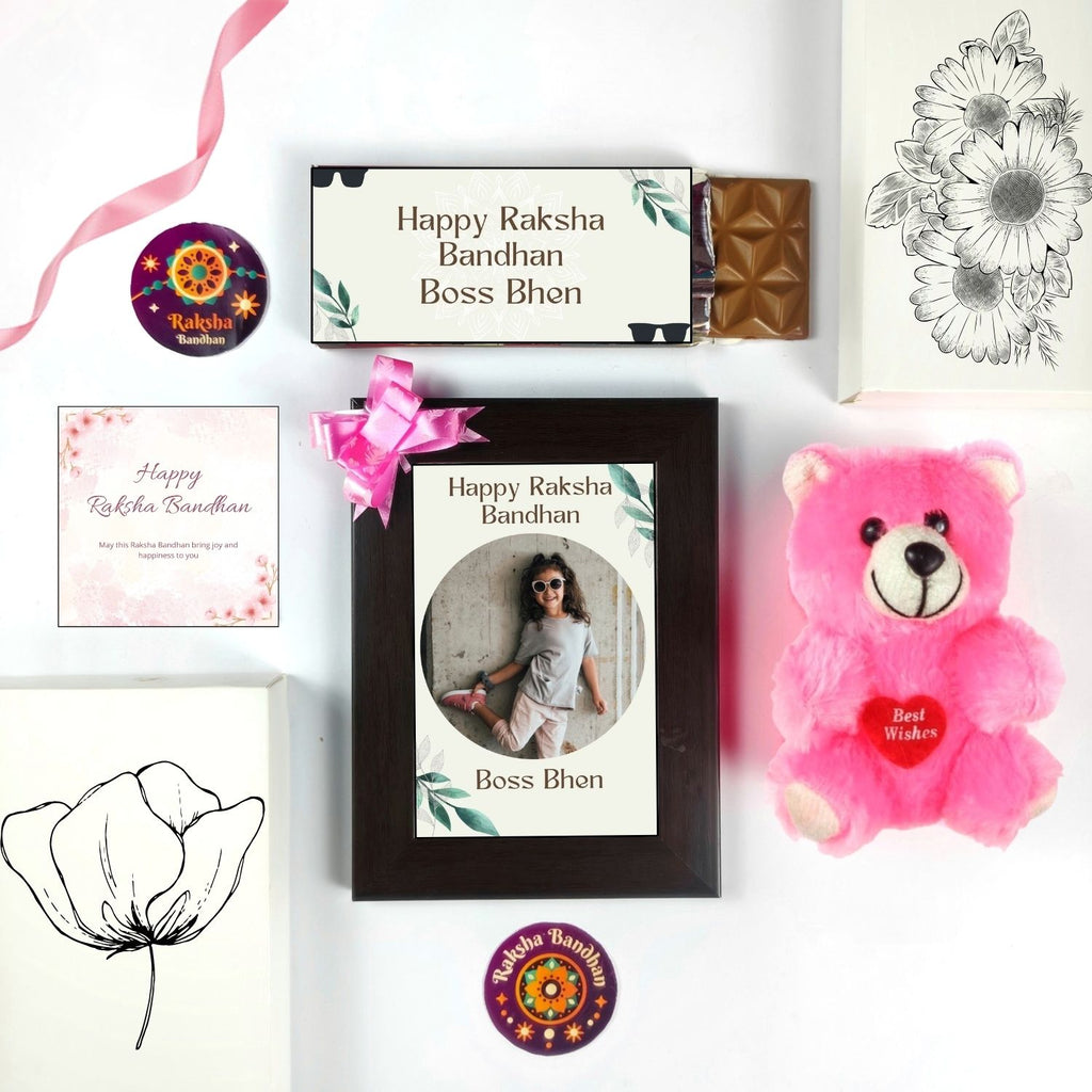 Special Customised Raksha Bandhan Gift For Sister Kids, Rakhi Gift For Bhen With Boss Bhen Theme 35G Chocolate Bar, Customized Photo Frame, Teddy And Greeting Card | Unique Rakshabandhan Combo For Sister