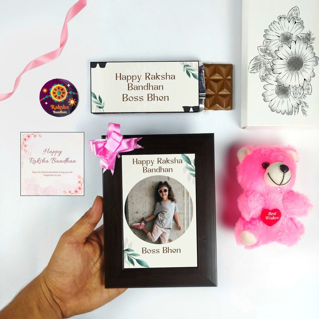 Special Customised Raksha Bandhan Gift For Sister Kids, Rakhi Gift For Bhen With Boss Bhen Theme 35G Chocolate Bar, Customized Photo Frame, Teddy And Greeting Card | Unique Rakshabandhan Combo For Sister