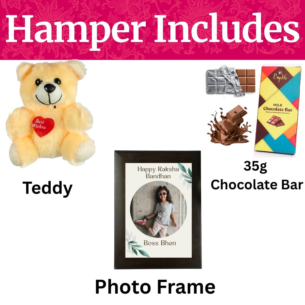 Special Customised Raksha Bandhan Gift For Sister Kids, Rakhi Gift For Bhen With Boss Bhen Theme 35G Chocolate Bar, Customized Photo Frame, Teddy And Greeting Card | Unique Rakshabandhan Combo For Sister