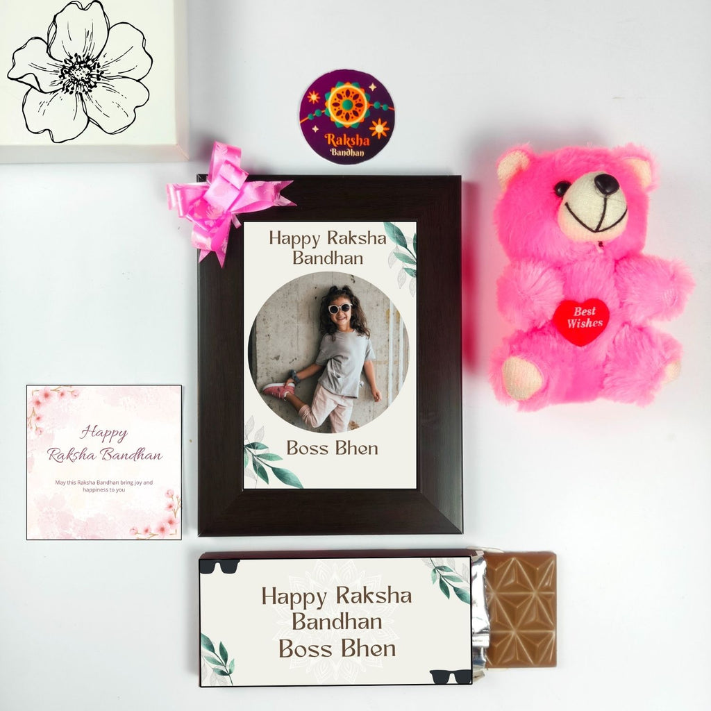 Special Customised Raksha Bandhan Gift For Sister Kids, Rakhi Gift For Bhen With Boss Bhen Theme 35G Chocolate Bar, Customized Photo Frame, Teddy And Greeting Card | Unique Rakshabandhan Combo For Sister