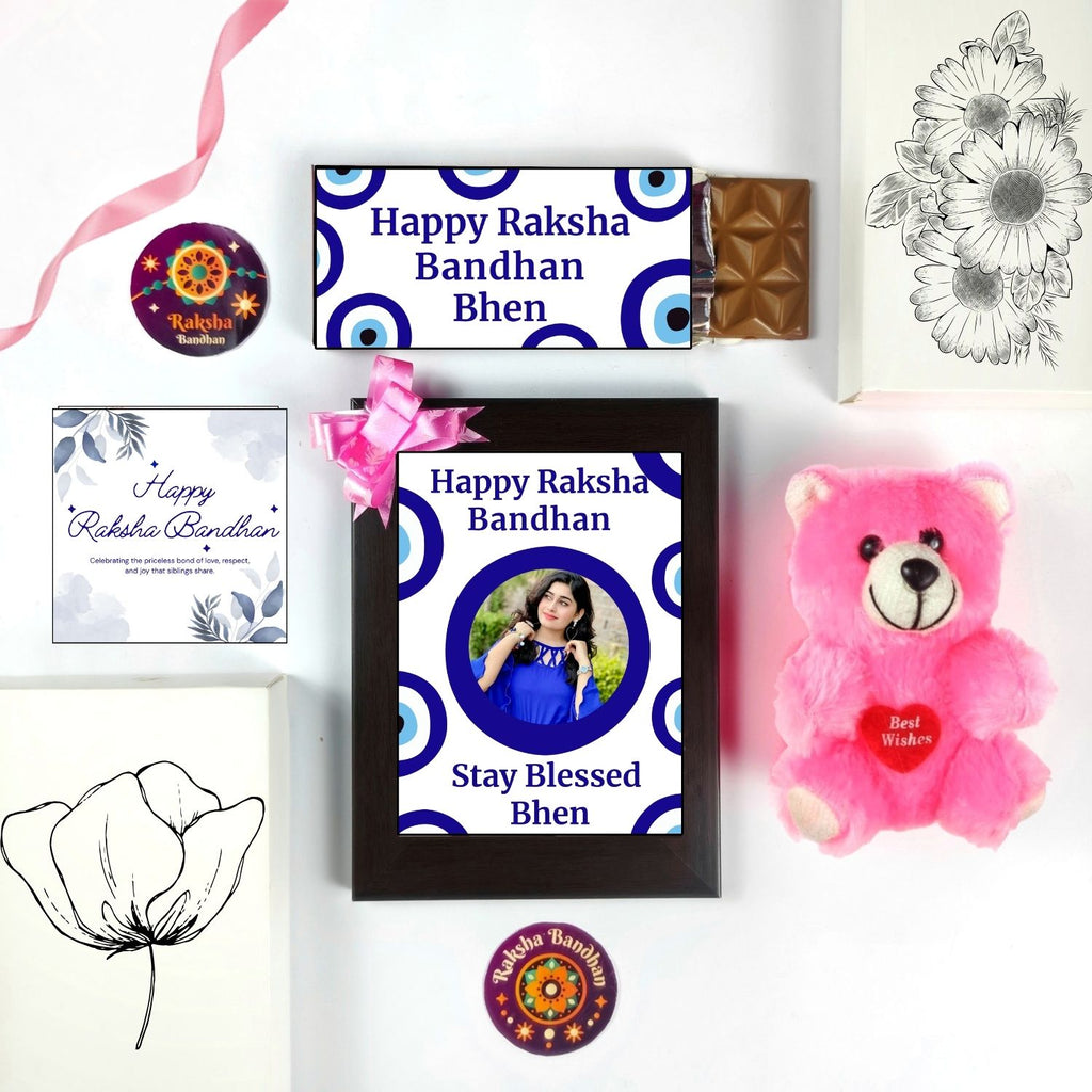 Special Customised Rakhi Gift For Sister Kids, Raksha Bandhan Gift For Bhen With Evil Eye Theme 35G Chocolate Bar, Customized Photo Frame, Teddy And Greeting Card | Unique Rakshabandhan Combo For Sister
