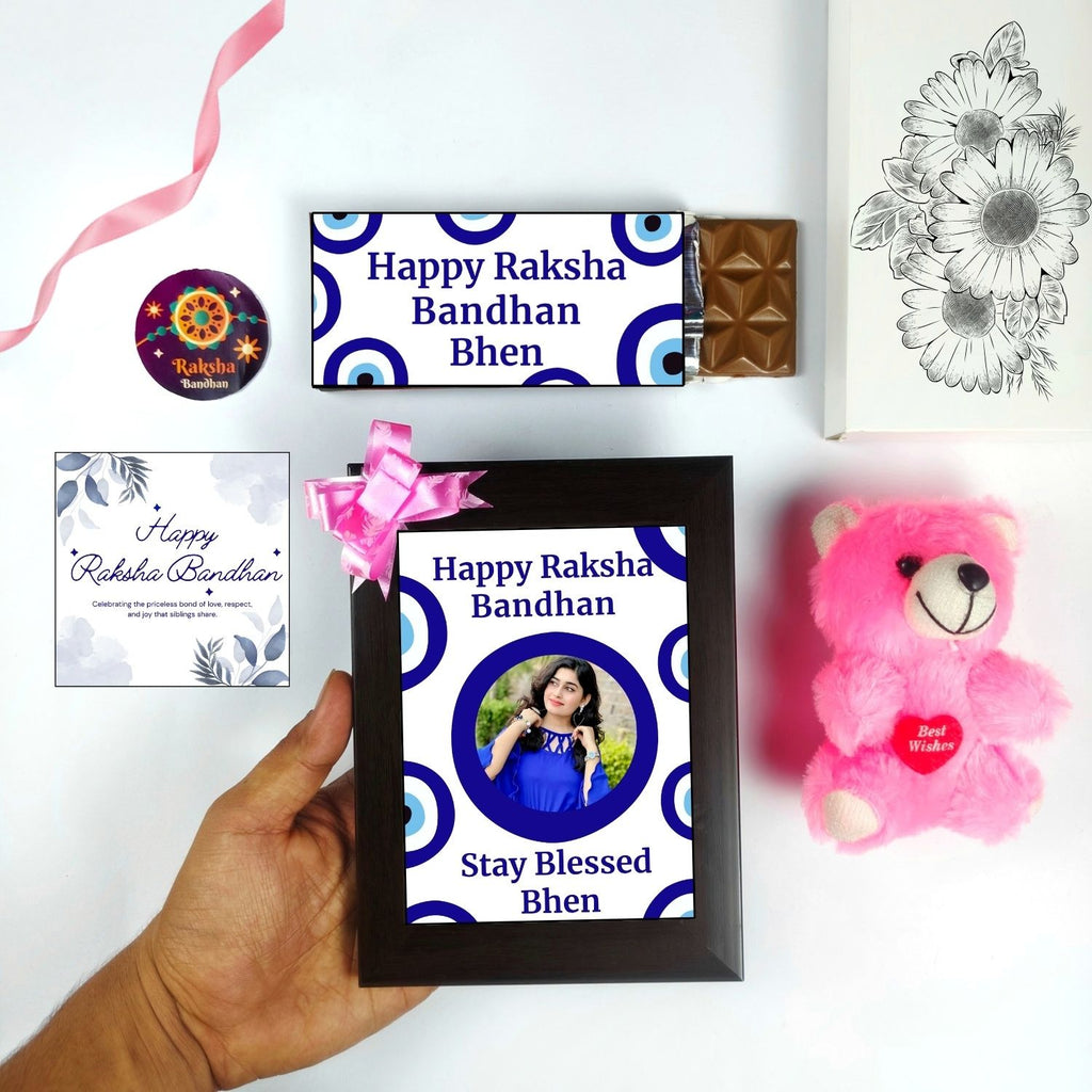 Special Customised Rakhi Gift For Sister Kids, Raksha Bandhan Gift For Bhen With Evil Eye Theme 35G Chocolate Bar, Customized Photo Frame, Teddy And Greeting Card | Unique Rakshabandhan Combo For Sister