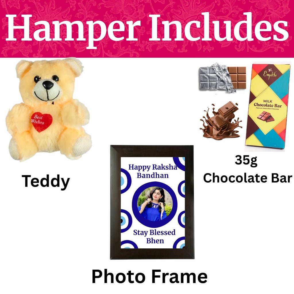 Special Customised Rakhi Gift For Sister Kids, Raksha Bandhan Gift For Bhen With Evil Eye Theme 35G Chocolate Bar, Customized Photo Frame, Teddy And Greeting Card | Unique Rakshabandhan Combo For Sister