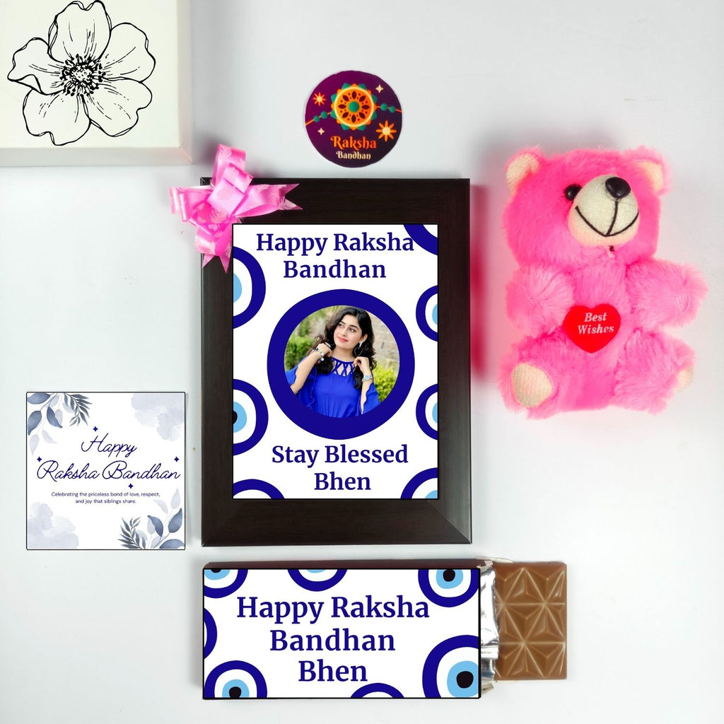 Special Customised Rakhi Gift For Sister Kids, Raksha Bandhan Gift For Bhen With Evil Eye Theme 35G Chocolate Bar, Customized Photo Frame, Teddy And Greeting Card | Unique Rakshabandhan Combo For Sister