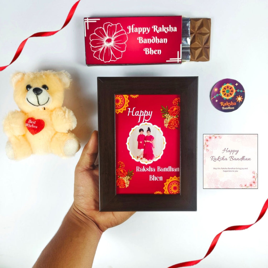 Best Personalized Rakshabandhan Gift For Sister, Rakhi Chocolate  Gift For Bhen With 35G Chocolate Bar,Customized Photo Frame, Teddy And Greeting Card | Unique Rakshabandhan Combo For Sister