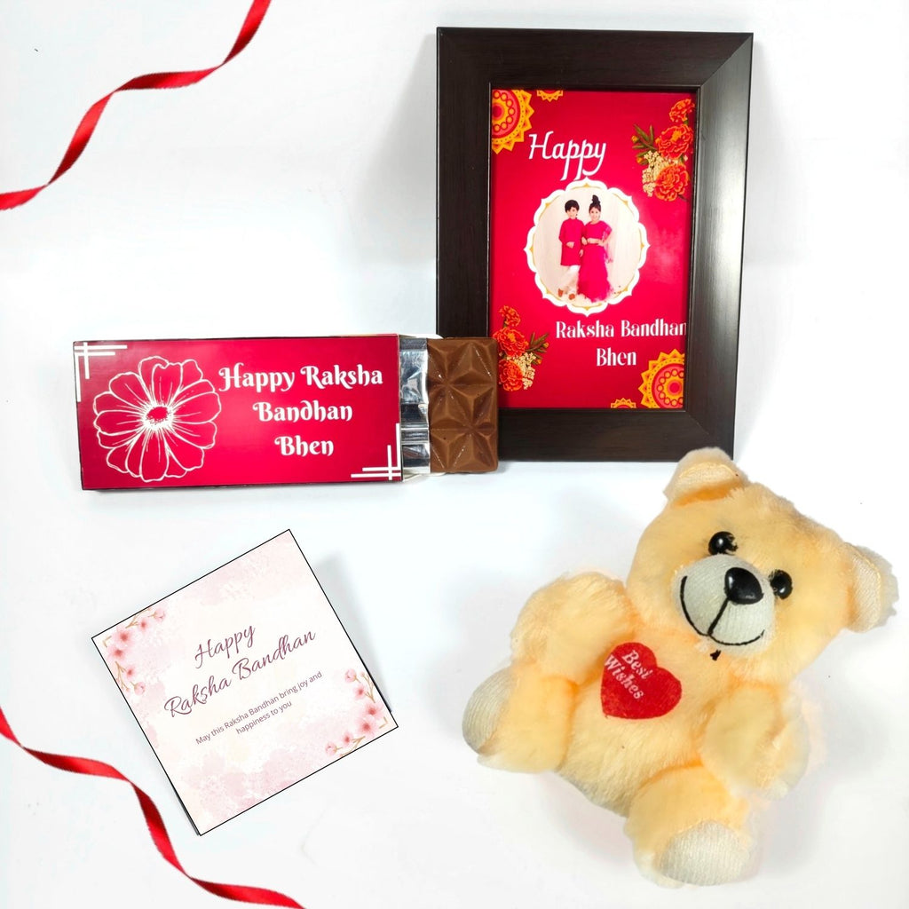 Best Personalized Rakshabandhan Gift For Sister, Rakhi Chocolate  Gift For Bhen With 35G Chocolate Bar,Customized Photo Frame, Teddy And Greeting Card | Unique Rakshabandhan Combo For Sister