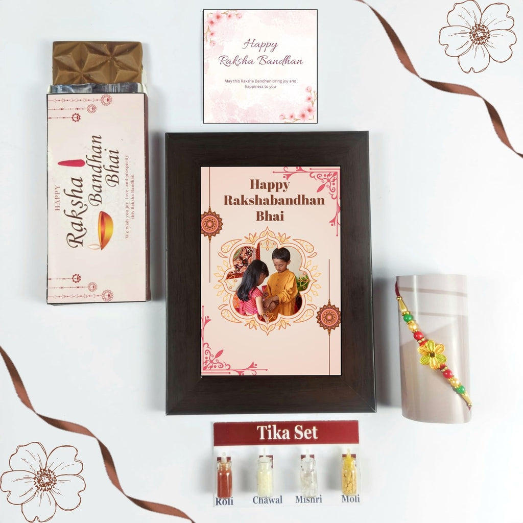 Unique Customized Rakhi Combo For Brother, Rakshabandhan Gift For Bhai With 35G Chocolate Bar, Personalised Photo Frame, Rakhi, Tika Set And Greeting Card | Unique Rakshabanshan Gift