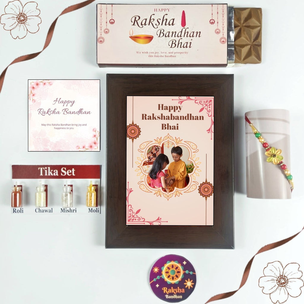 Unique Customized Rakhi Combo For Brother, Rakshabandhan Gift For Bhai With 35G Chocolate Bar, Personalised Photo Frame, Rakhi, Tika Set And Greeting Card | Unique Rakshabanshan Gift