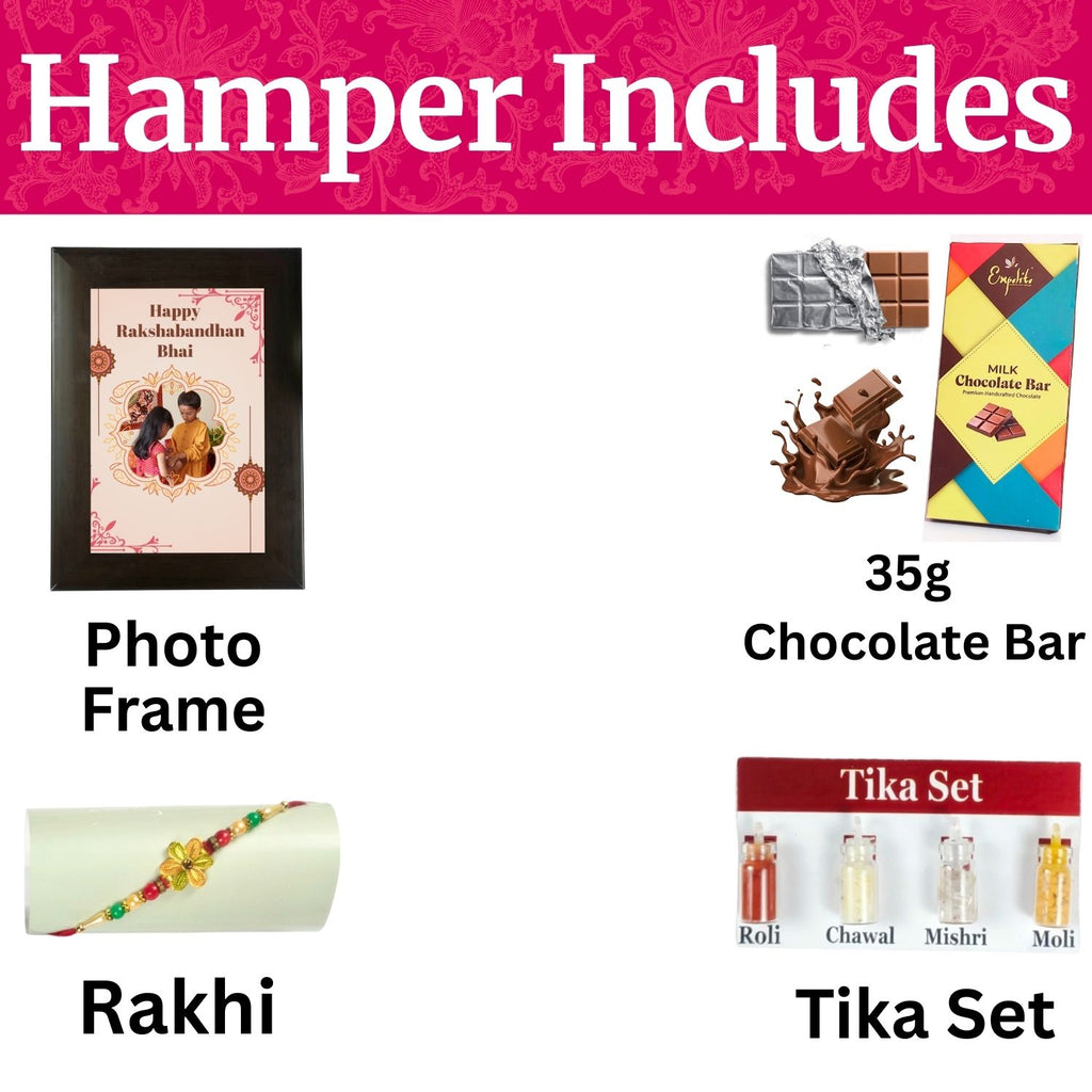 Unique Customized Rakhi Combo For Brother, Rakshabandhan Gift For Bhai With 35G Chocolate Bar, Personalised Photo Frame, Rakhi, Tika Set And Greeting Card | Unique Rakshabanshan Gift