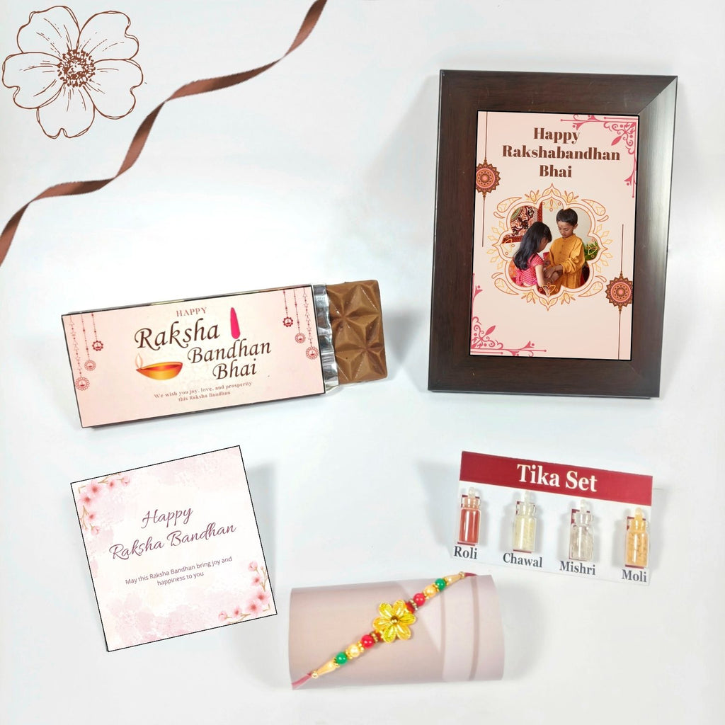 Unique Customized Rakhi Combo For Brother, Rakshabandhan Gift For Bhai With 35G Chocolate Bar, Personalised Photo Frame, Rakhi, Tika Set And Greeting Card | Unique Rakshabanshan Gift