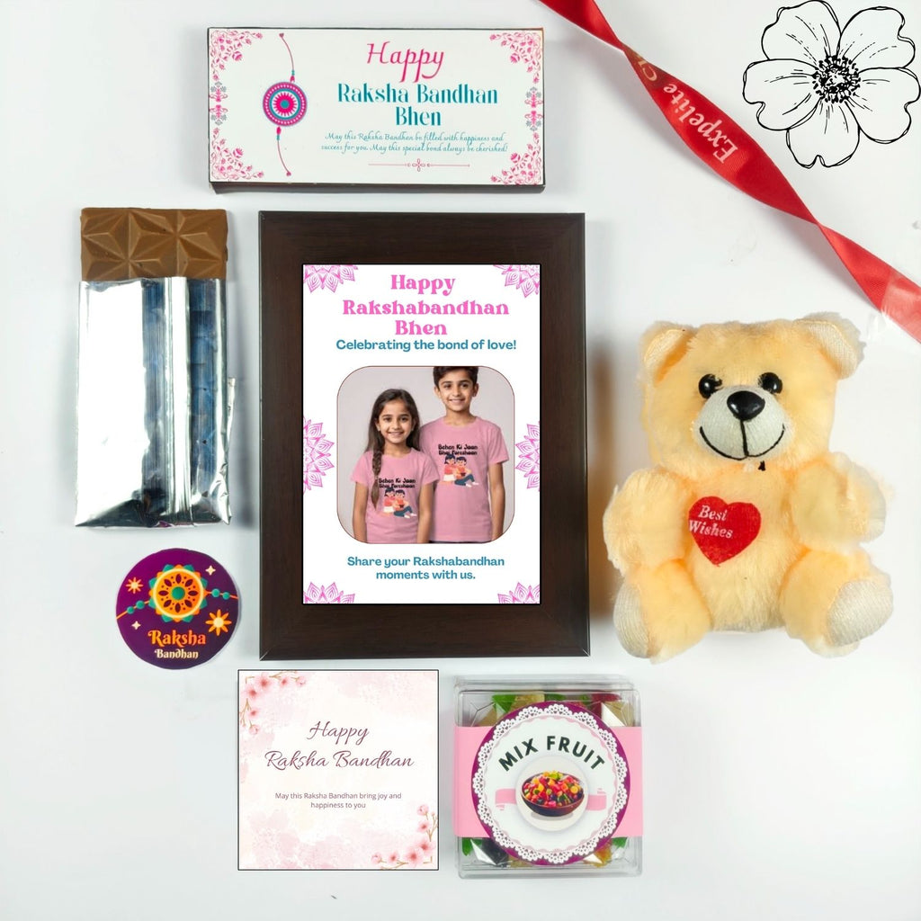 Best Personalized Rakhi Hamper For Sister, Rakhi Gift For Sister Kids With 35G Chocolate Bar,Customized Photo Frame, Teddy And Greeting Card And 50G Mix Fruit | Unique Rakshabandhan Gift For Sister