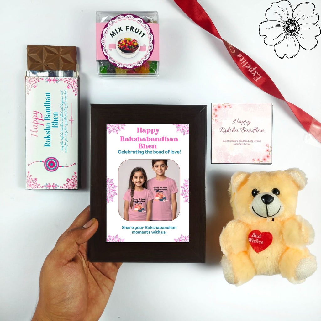 Best Personalized Rakhi Hamper For Sister, Rakhi Gift For Sister Kids With 35G Chocolate Bar,Customized Photo Frame, Teddy And Greeting Card And 50G Mix Fruit | Unique Rakshabandhan Gift For Sister