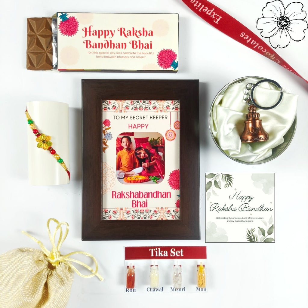 Best Personalized Rakhi Chocolate Gift For Bhai, Rakshabandhan Gift For Brother Kids With 35G Chocolate Bar, Personalised Photo Frame, Rakhi, Tika Set Greeting Card And Guardian Bell | Best Raksha Bandhan Gift For Brother