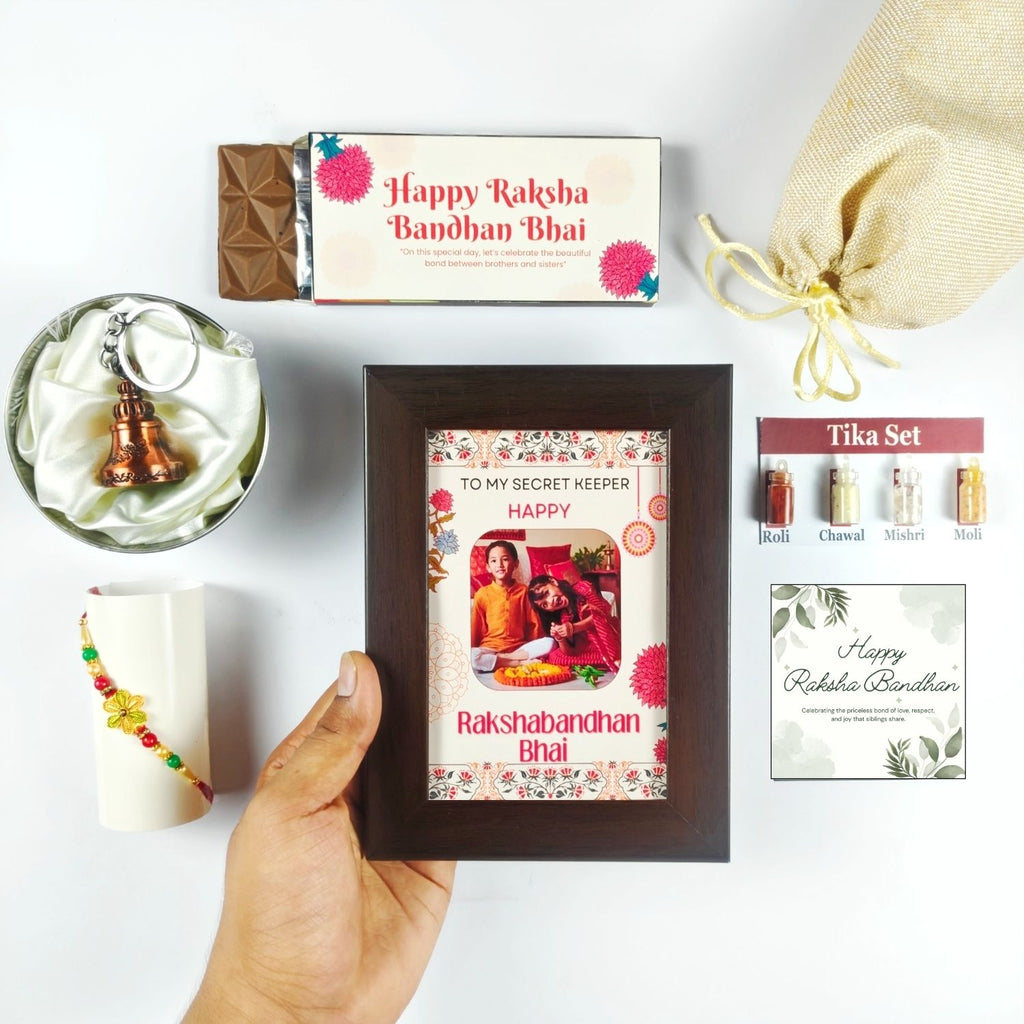 Best Personalized Rakhi Chocolate Gift For Bhai, Rakshabandhan Gift For Brother Kids With 35G Chocolate Bar, Personalised Photo Frame, Rakhi, Tika Set Greeting Card And Guardian Bell | Best Raksha Bandhan Gift For Brother