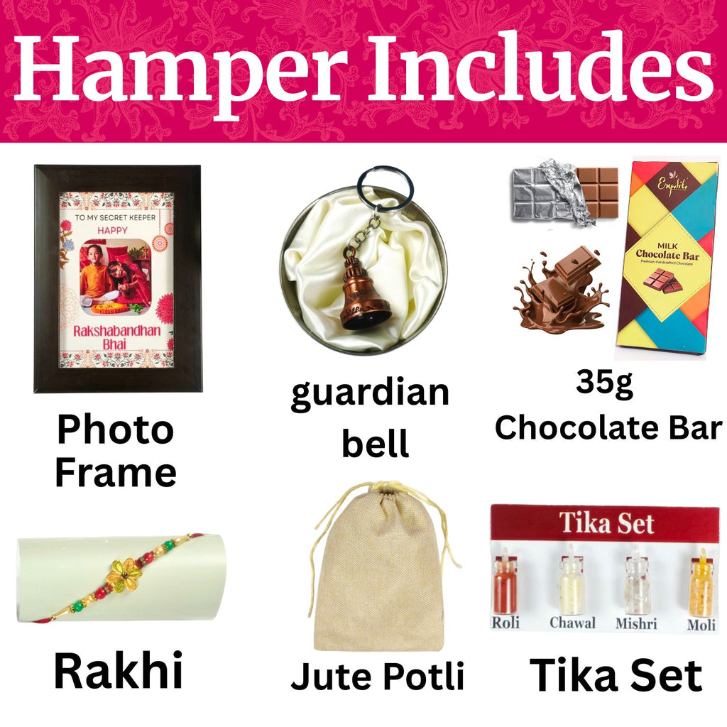 Best Personalized Rakhi Chocolate Gift For Bhai, Rakshabandhan Gift For Brother Kids With 35G Chocolate Bar, Personalised Photo Frame, Rakhi, Tika Set Greeting Card And Guardian Bell | Best Raksha Bandhan Gift For Brother