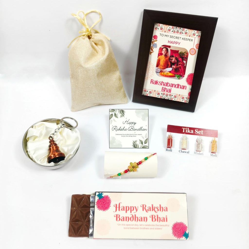 Best Personalized Rakhi Chocolate Gift For Bhai, Rakshabandhan Gift For Brother Kids With 35G Chocolate Bar, Personalised Photo Frame, Rakhi, Tika Set Greeting Card And Guardian Bell | Best Raksha Bandhan Gift For Brother