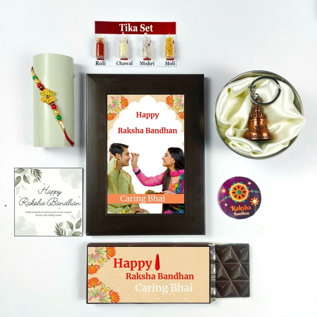 Unique Personalized Rakshabandhan Combo For Brother, Rakhi Gift For Brother With Caring Bhai Theme 35G Chocolate Bar, Personalised Photo Frame,  Rakhi, Tika Set, Greeting Card And Guardian Bell | Unique Rakhi Gift