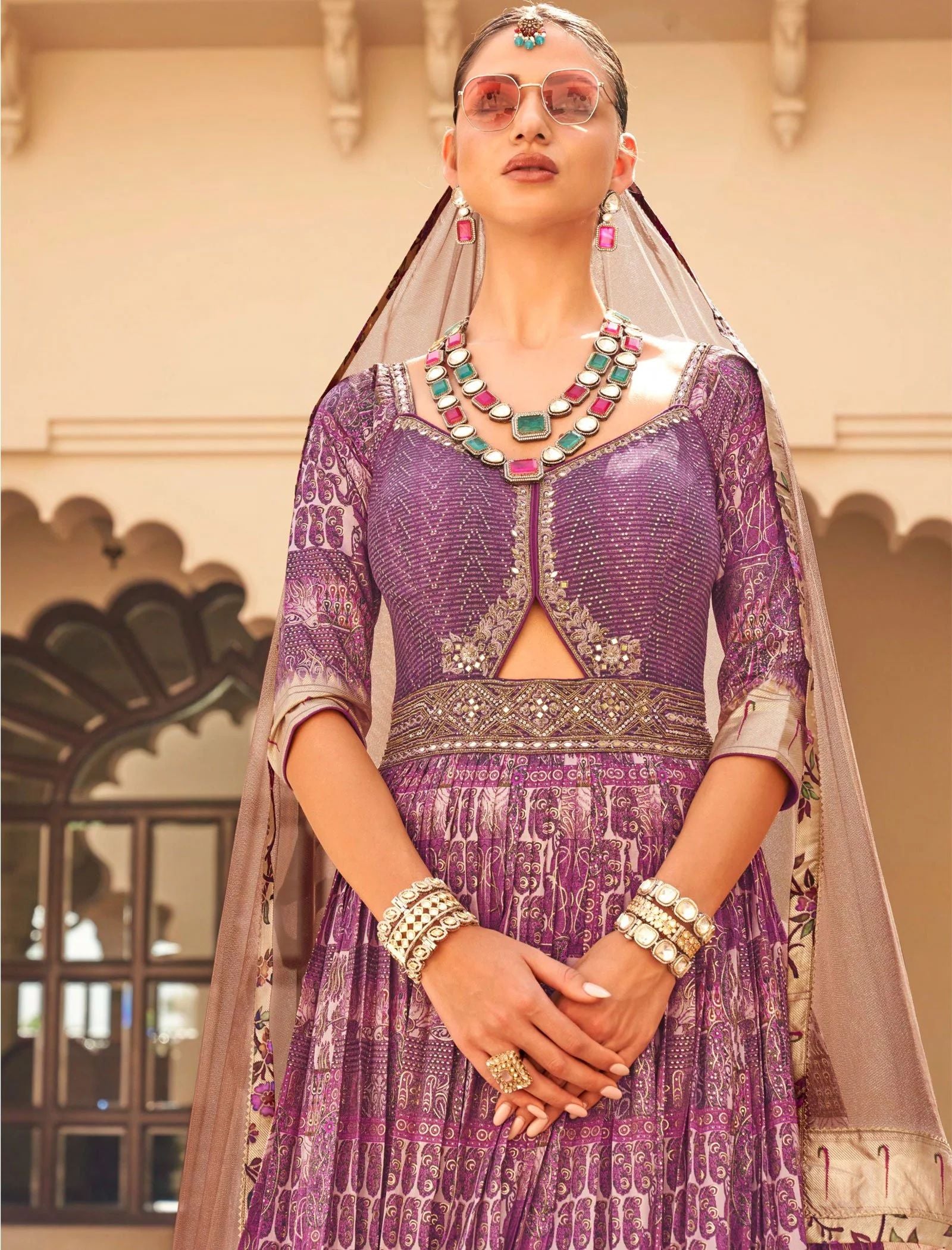 Women's Orchid Gown With Dupatta & Sequence Work - Phenav