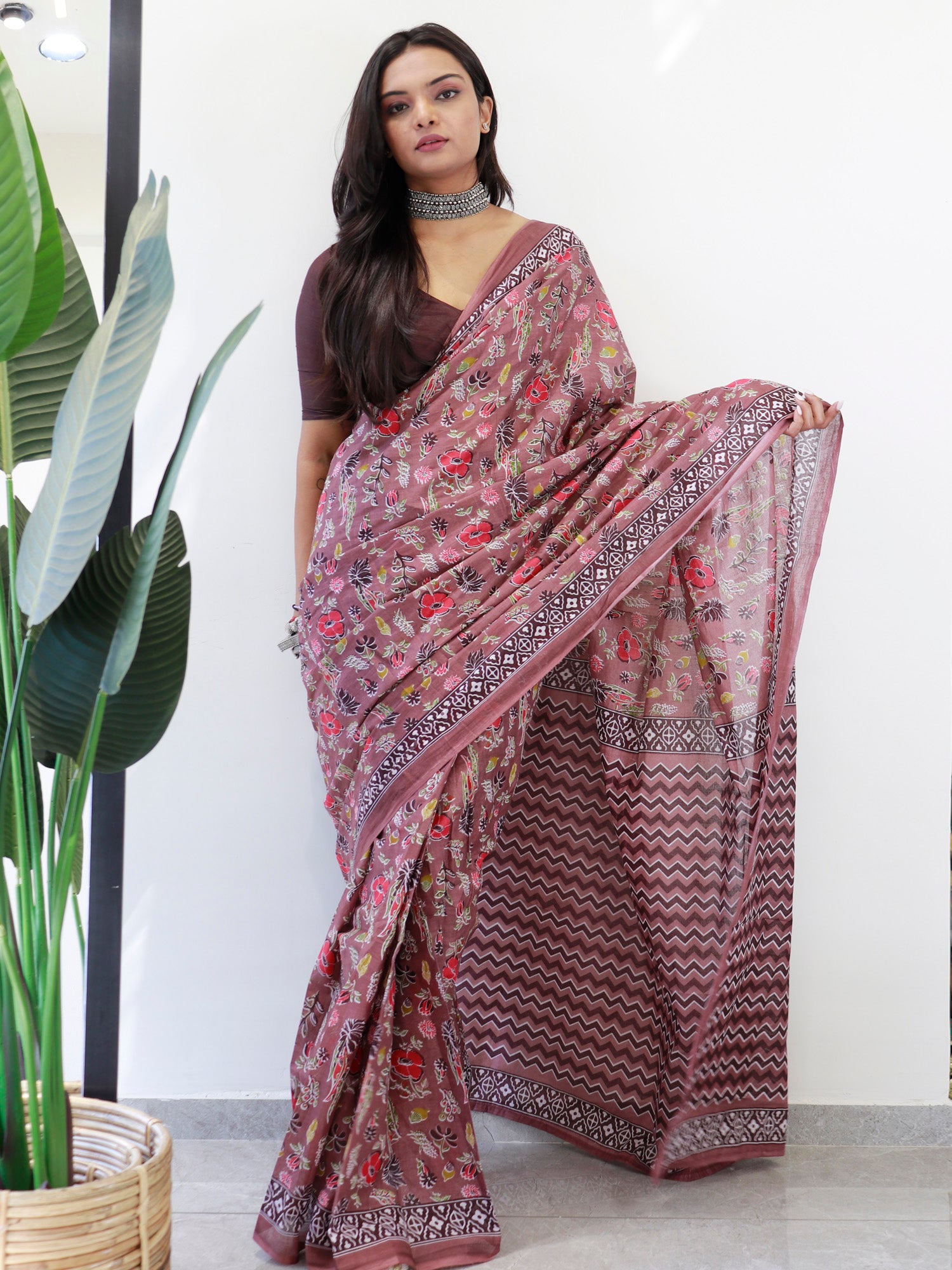 Women's Cotton Brown Printed Ready To Wear With Blouse Piece - Saree Mall