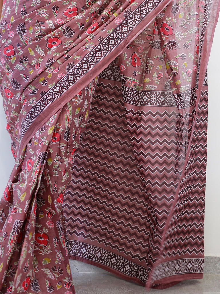 Women's Cotton Brown Printed Ready To Wear With Blouse Piece