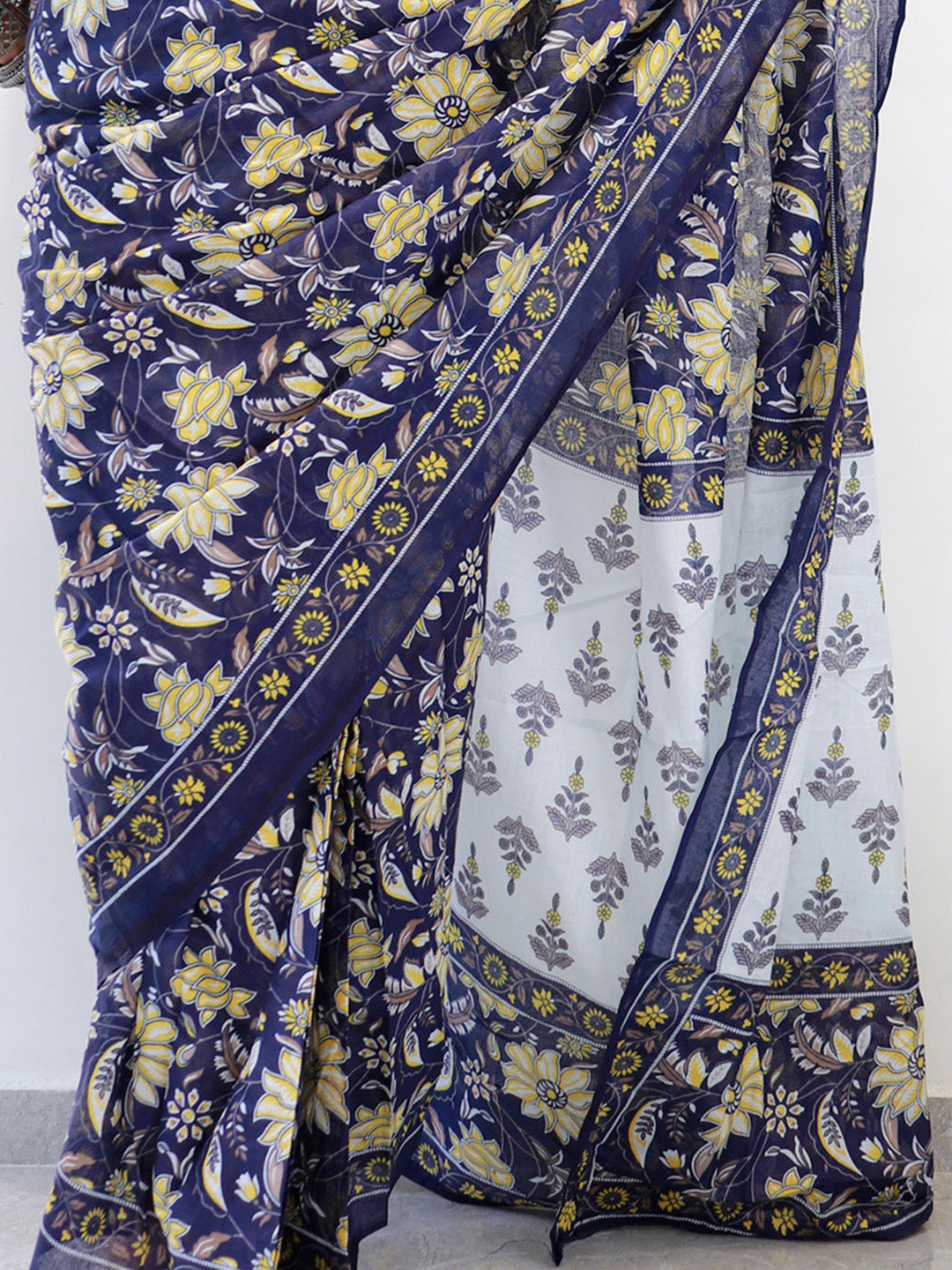 Women's Cotton Navy Blue Printed Ready To Wear With Blouse Piece - Saree Mall