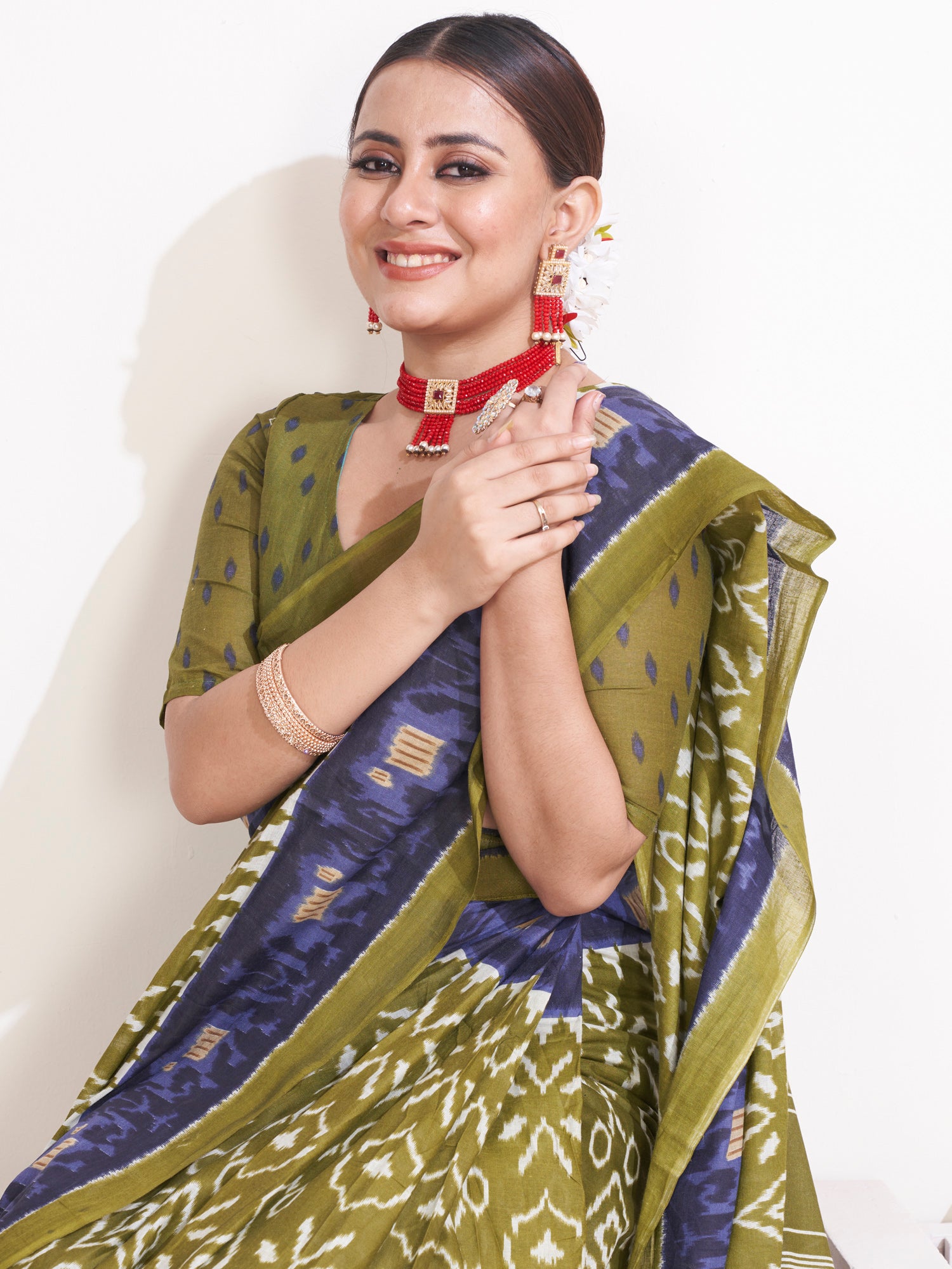 Women's Cotton Olive Printed Ready To Wear With Blouse Piece - Saree Mall