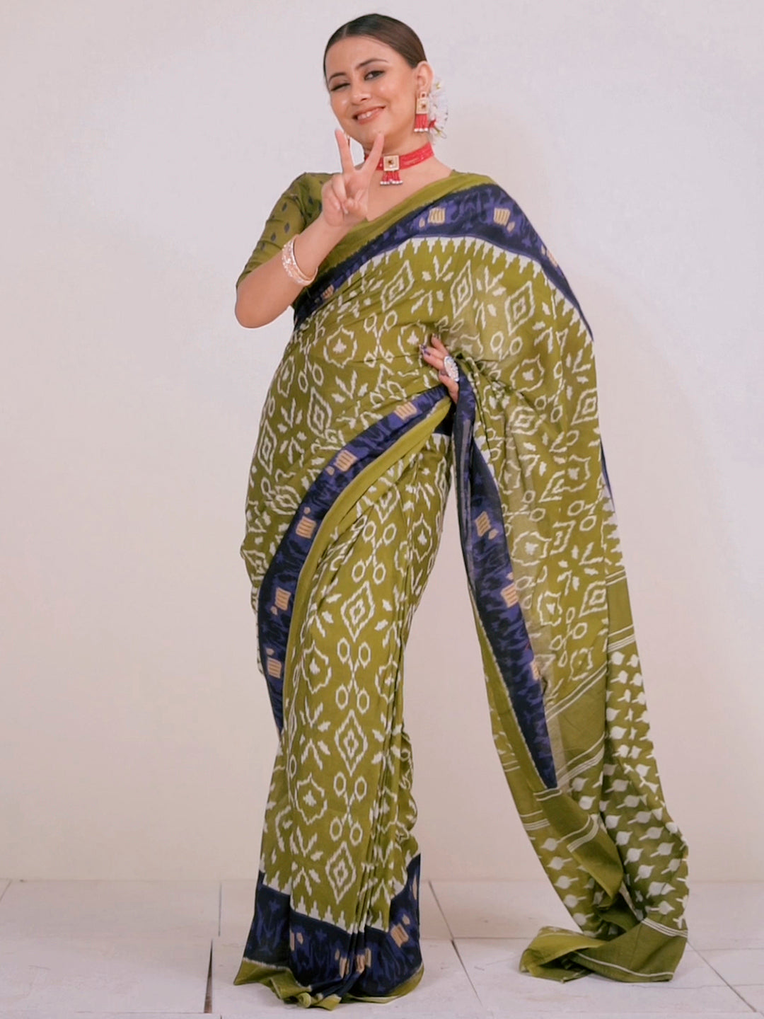 Women's Cotton Olive Printed Ready To Wear With Blouse Piece - Saree Mall