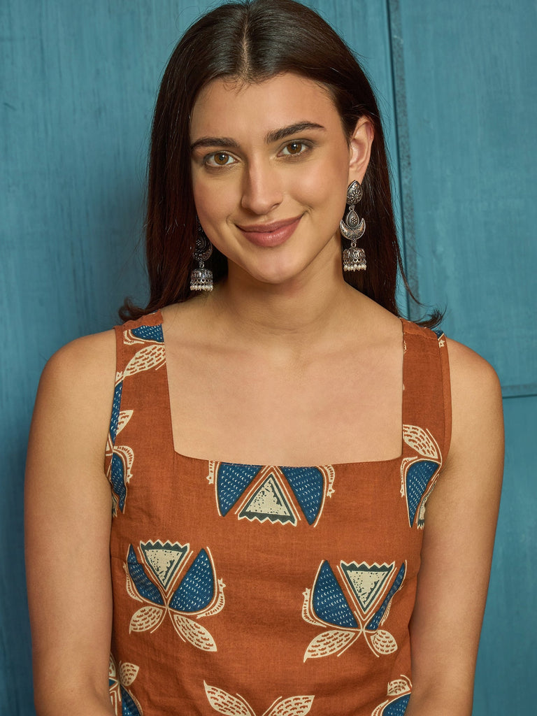 Women's Rust Block Printed Cotton Straight Kurta
