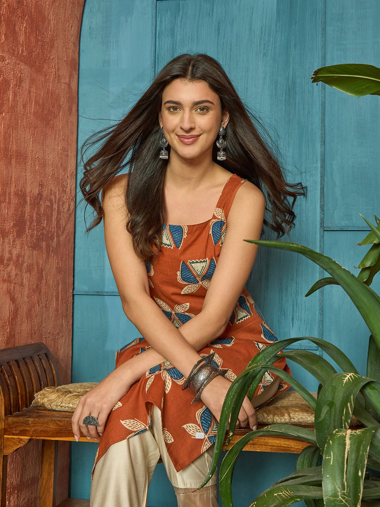 Women's Rust Block Printed Cotton Straight Kurta