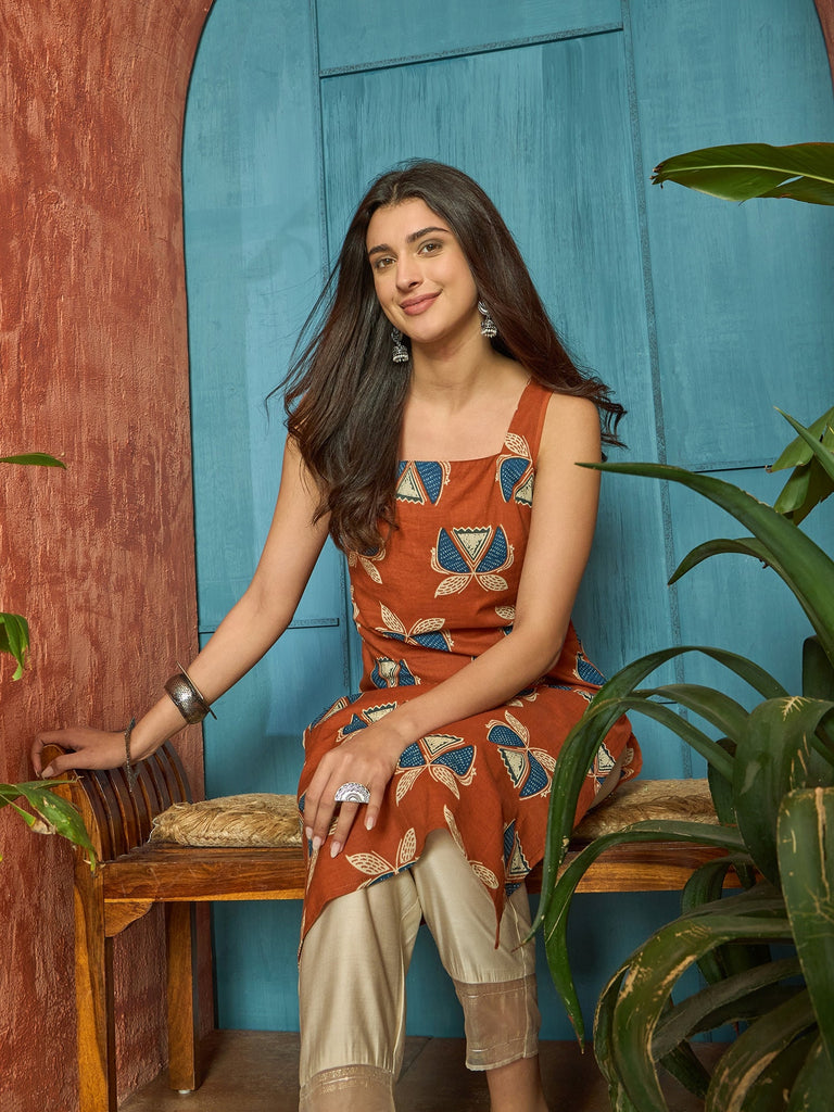 Women's Rust Block Printed Cotton Straight Kurta