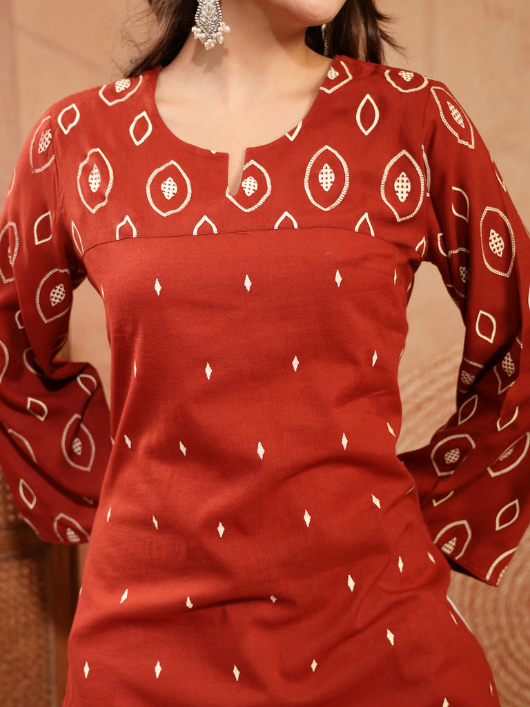 Women's Rust Ethnic Printed Cotton Straight Kurta